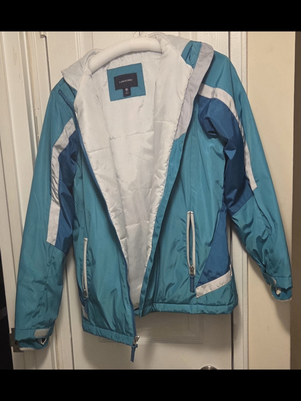 Lands' End Teal & White Hooded Jacket